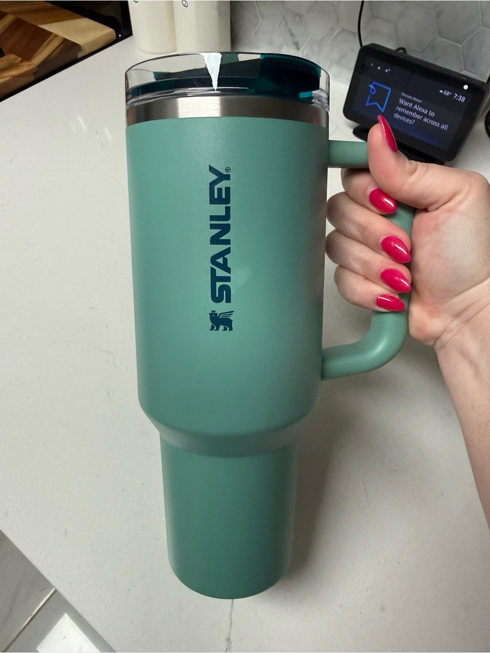 Stanley spring green Travel Mug with flip straw